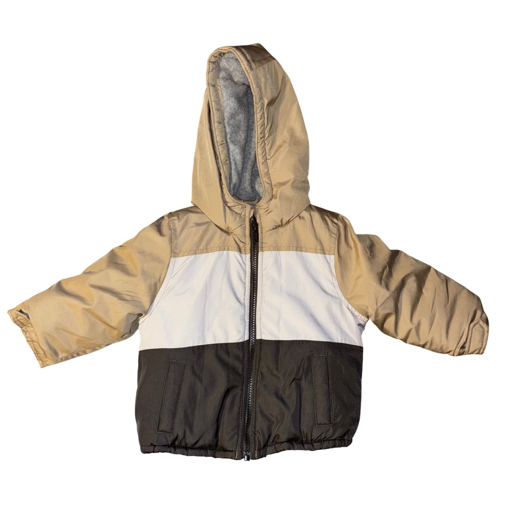 Carters Kids Hooded Colorblock Puffer Winter Jacket Tan White Black 24 Months